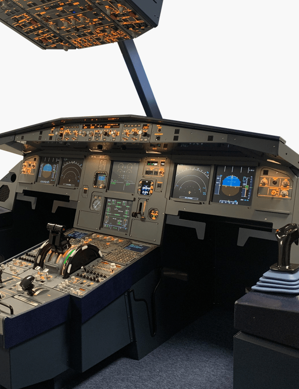 Close-up of SKALARKI A320 HOMELine Dual Trainer showing detailed replica flight controls and panels