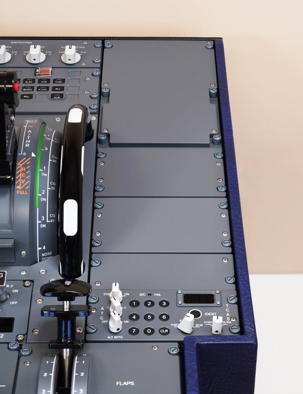 Close-up of SKALARKI A320 HOMELine pedestal CS showing detailed replica controls for realistic Airbus simulation