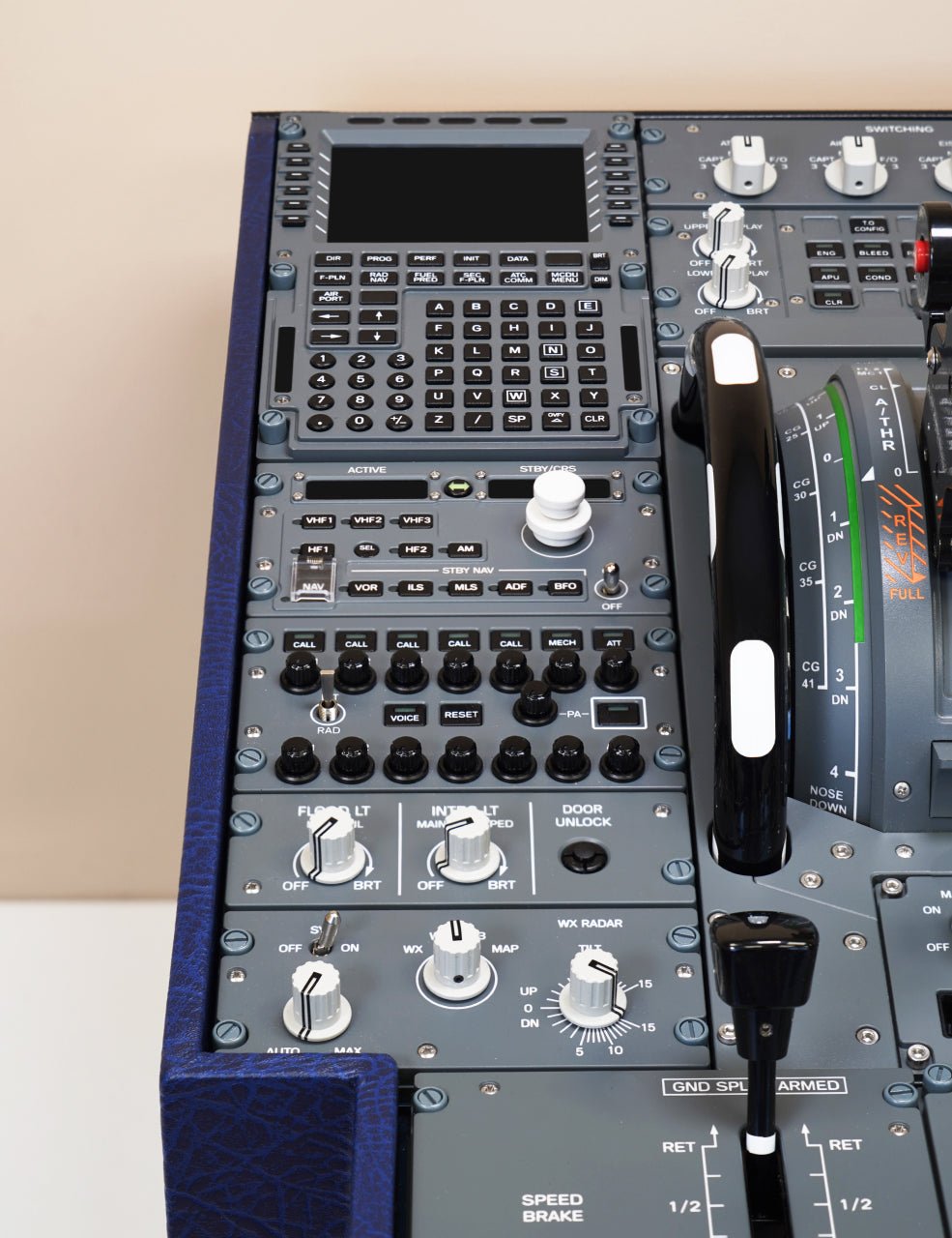 SKALARKI Electronics A320 HOMELine pedestal CS shown at an angle, replica cockpit hardware for home and training use