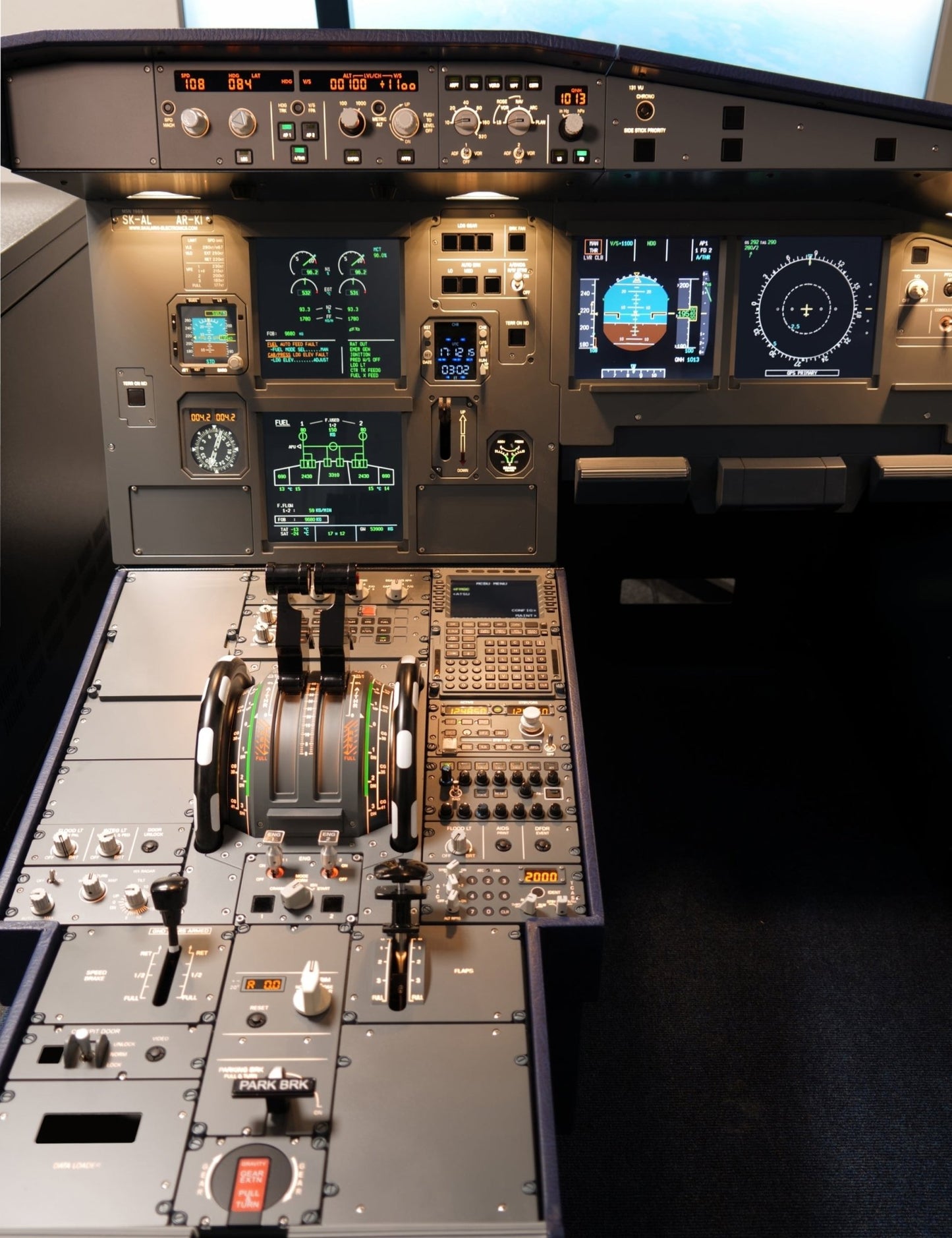Close-up of SKALARKI A320 HOMELine Single Trainer showing detailed replica controls and panels for Airbus simulation